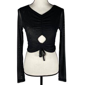 Mesh whimsigoth Long Sleeve Ruched Crop Top W/ Cutout & Tie Detail M black